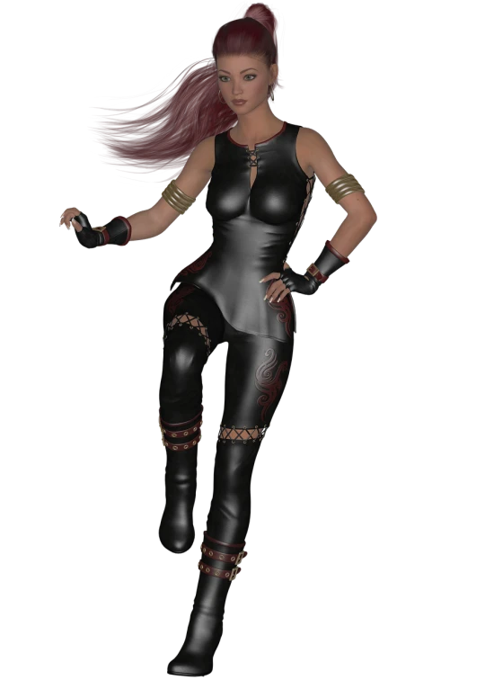 a woman in a leather outfit posing for a picture, a 3D render, inspired by Shukei Sesson, leotard and leg warmers, karate outfit, morrigan, female outfit