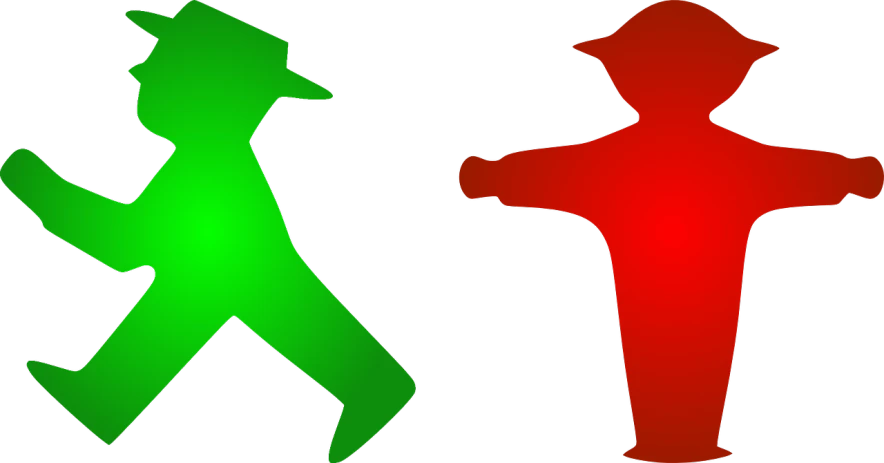 two green and red silhouettes of a man and a woman, a raytraced image, reddit, street signs, intercrossed animal, zoomed in, leading a battle