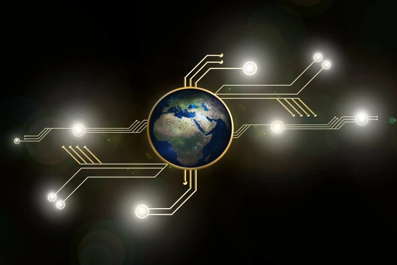 a computer circuit with a picture of the earth on it, digital art, glowing lights intricate elegant, brass and steam technology, simple illustration, family photo