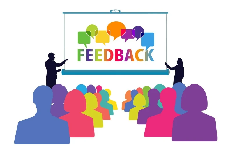 a man giving a presentation to a group of people, concept art, by Martina Krupičková, shutterstock, institutional critique, speech bubbles, back, feedback loop, on a white background