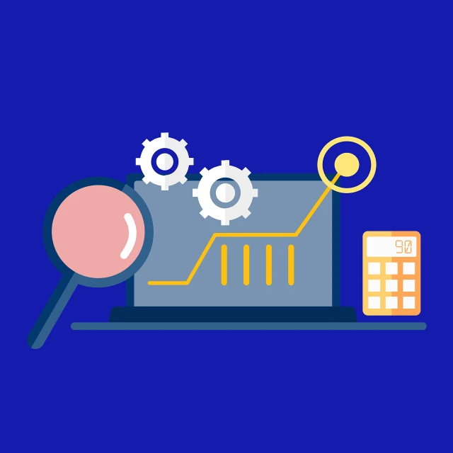 a laptop with gears and a calculator next to it, digital art, flat color and line, magnifying glass, power bi dashboard, marketing illustration