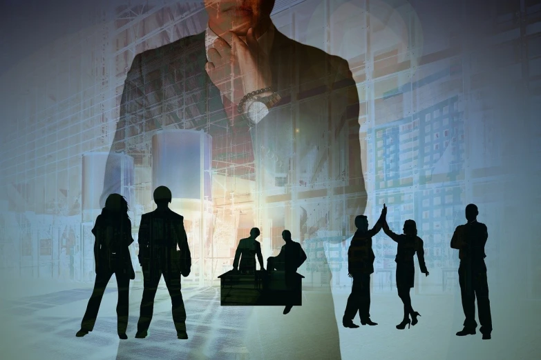 a group of people standing next to each other, a picture, digital art, office cubicle background, silhouette of a man, industries, document photo