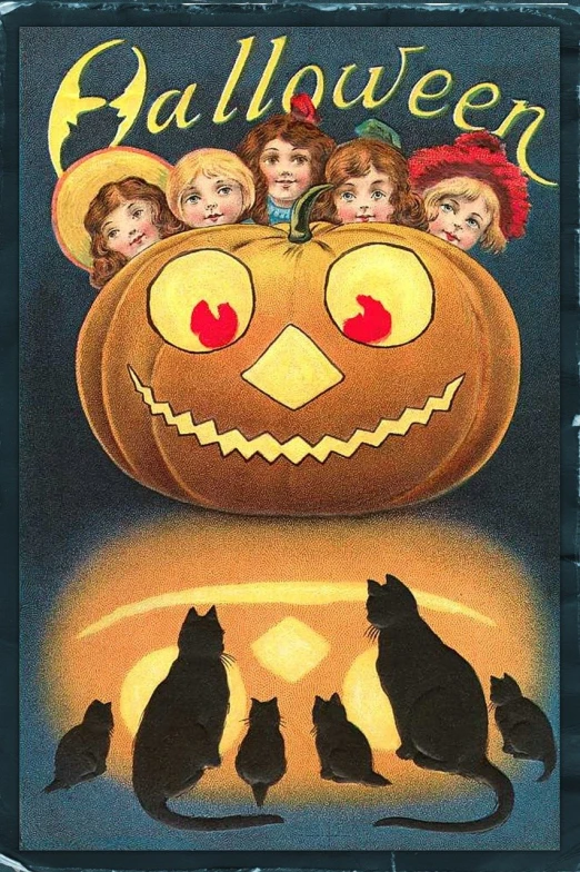 a vintage halloween postcard with cats and a pumpkin, shutterstock, folk art, ((oversaturated)), group photo, with huge luminous sad eyes, old-fashioned tarot card