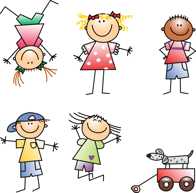 a group of children standing next to each other, a child's drawing, figuration libre, black background, icons, toy photo, detailed screenshot