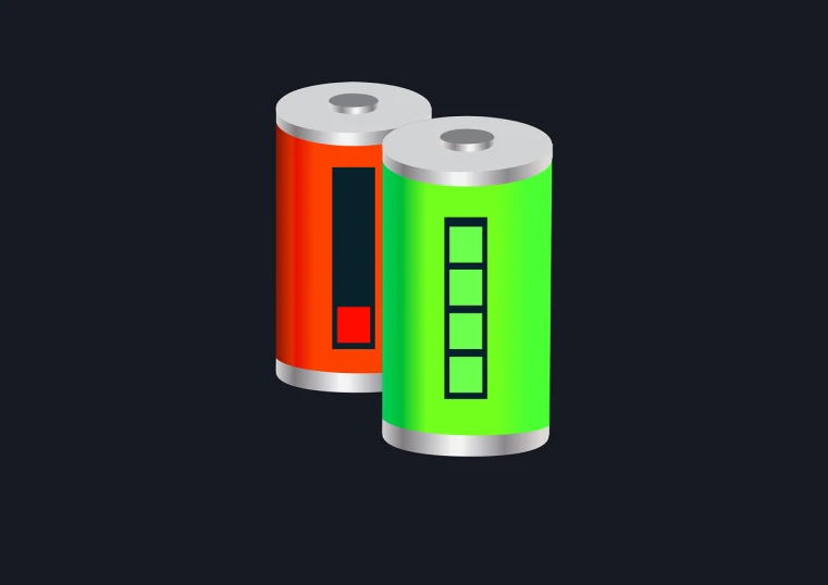 a couple of batteries sitting next to each other, digital art, on a flat color black background, orange and green power, material design, amazing graphics