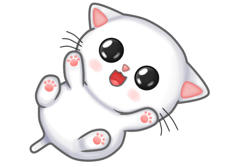 a close up of a white cat on a black background, a digital rendering, mingei, kawaii chibi, white background!!!!!!!!!!, clipart, paws