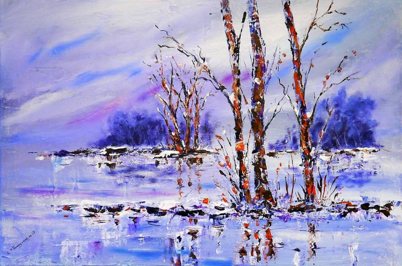 a painting of some trees in the snow, an acrylic painting, inspired by Tibor Rényi, flickr, impressionism, wet reflections, palette knife, sandra chevier, beautiful oil painting on canvas