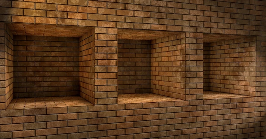 a red fire hydrant sitting on top of a brick wall, a 3D render, claustrophobic room, brown, shelf, brick