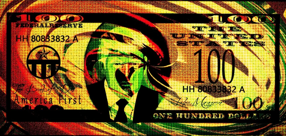 a close up of a one hundred dollar bill, inspired by Ed Paschke, trending on pixabay, pop art, donald trump as a homeless man, abstract digital art, egypt, cartoon digital art