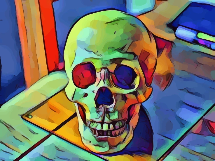 a close up of a skull on a table, a digital painting, neo-fauvism, multicolored vector art, hdr photo, !!! very coherent!!! vector art, colored projections