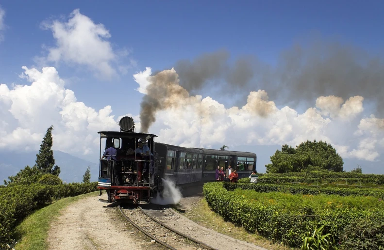 a train traveling down train tracks next to a lush green field, by Sudip Roy, flickr, billowing steam and smoke, background: assam tea garden, everyone having fun, in the sun