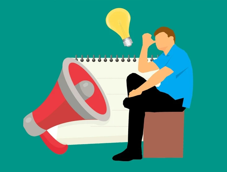 a man sitting on top of a desk next to a notepad, a picture, trending on pixabay, conceptual art, sitting in front of a microphone, marketing game illustration, tinnitus, illuminating the area