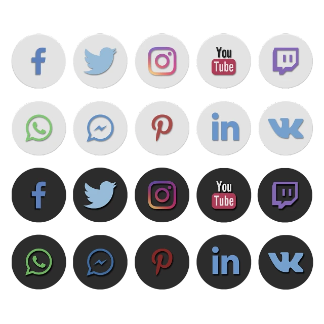 a bunch of social icons on a black background, by Carlo Martini, digital art, 3d asset, flat color, round design, petite