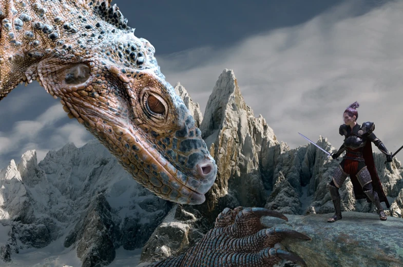 a man standing on top of a rock next to a dragon, a detailed matte painting, inspired by Johfra Bosschart, crystalized scales, dragon face, weta fx, frost dragon