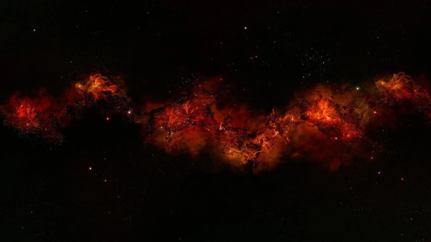 a dark sky filled with lots of stars, digital art, by Eugeniusz Zak, pexels, space art, coloured in orange fire, hd vfx - 9, body with black and red lava, thin horizontal nebula