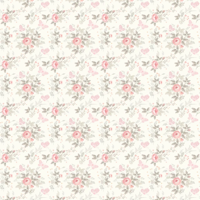a pattern of pink flowers on a white background, inspired by Annie Rose Laing, romanticism, vintage - w 1 0 2 4, scrapbook paper collage, beige background, flowers and butterflies