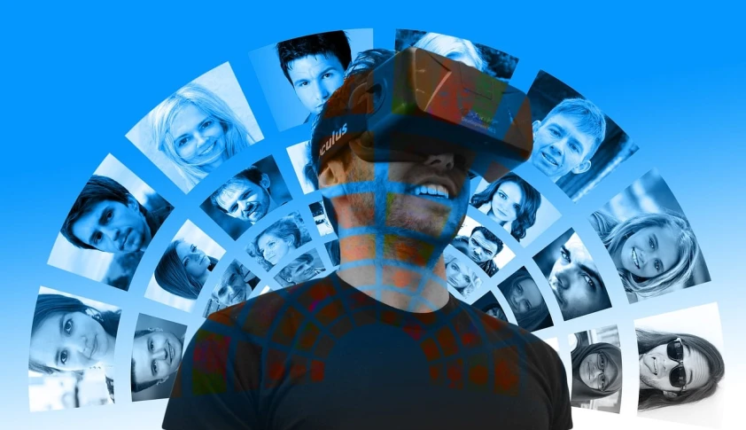 a man that is standing in front of a bunch of pictures, a digital rendering, by Jon Coffelt, shutterstock, sleek blue visor for eyes, oculus rift, neon blue glass forehead, crowd