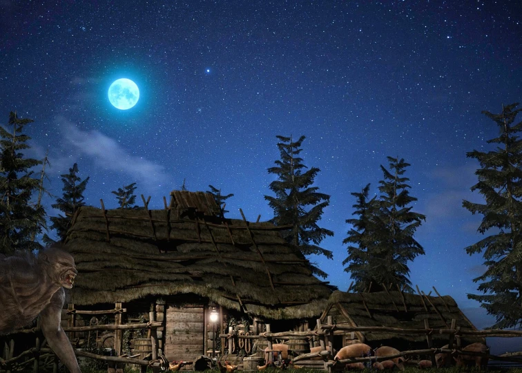 a house in the woods at night with a full moon in the sky, a matte painting, whiterun in the style of pixar, blue sky, slavic mythology, wild west setting