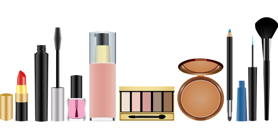 a variety of makeup products on a black background, a digital rendering, trending on pixabay, vectorized, panorama, golden, cartoonish and simplistic