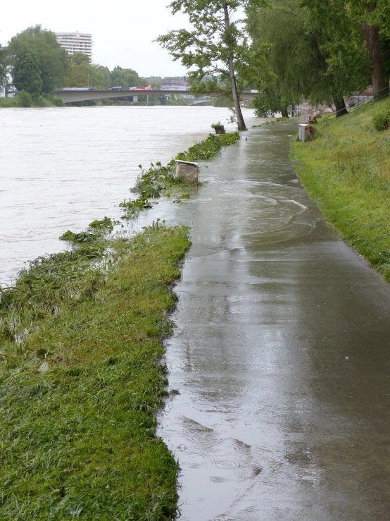 a wet sidewalk next to a body of water, by Hans Schwarz, shutterstock, river confluence, danhausen, rainny, 1450