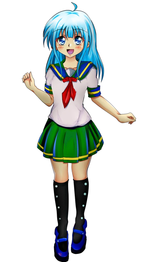a girl with blue hair and a green skirt, inspired by Rei Kamoi, pixiv contest winner, shin hanga, ( ( ( ( 3 d render ) ) ) ), dressed as schoolgirl, y 2 k cutecore clowncore, sona is a slender
