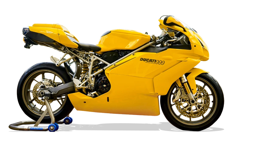 a yellow motorcycle parked in front of a black background, hyperrealism, huge ducati panigrale motorbike, 8k photorealism, ultra high detail ultra realism, some yellow and blue