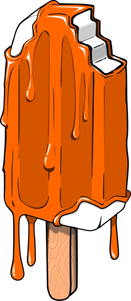 a popsicle covered in melted orange liquid, a screenprint, inspired by Clyfford Still, flickr, graffiti, clean cel shaded vector art, random background scene, panel of black, lineless