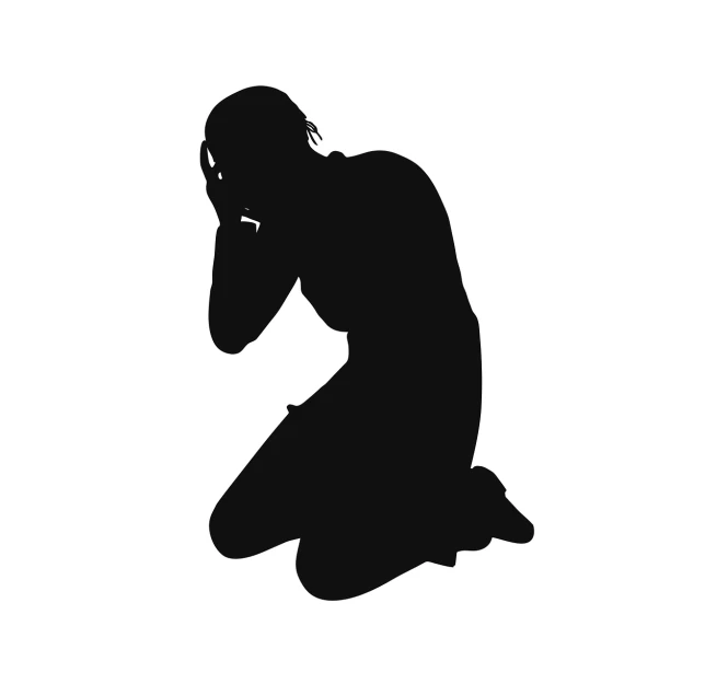 a silhouette of a man talking on a cell phone, vector art, figuration libre, kneeling in prayer, depressed girl portrait, people crying, head down