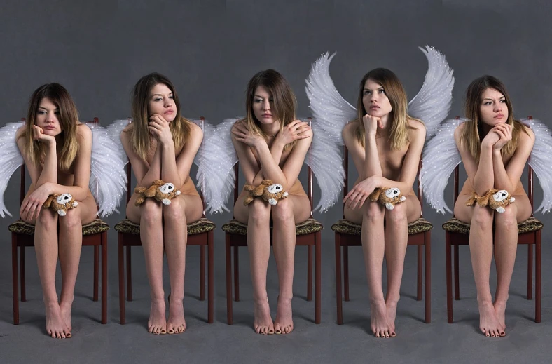 a group of women sitting on top of a wooden chair, inspired by Kurt Wenner, featured on cgsociety, pop surrealism, with two pairs of wings, with a sad expression, plushie photography, triptych
