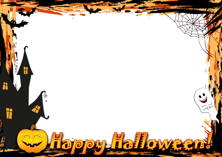 a halloween frame with a ghost and a castle, a picture, hd screenshot, plain black background, happy!!!, easy