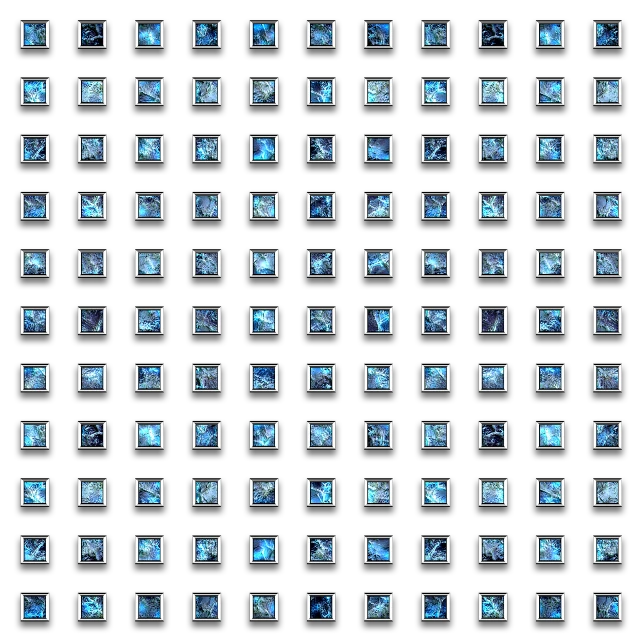 a pattern of blue squares on a black background, reddit, 2 d sprites asset sheet, glass windows, zoomed out to show entire image, silver and sapphire