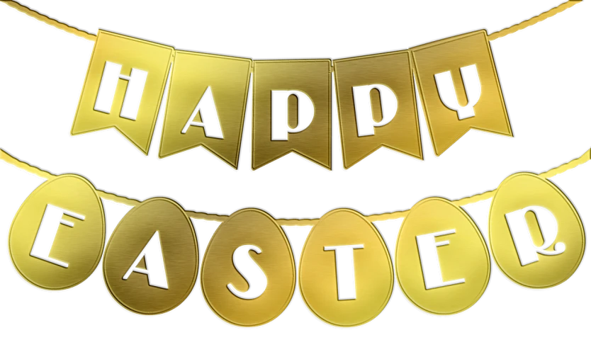 a gold happy easter banner hanging from a string, a digital rendering, pixabay, on black background, stock photo, gold and silver shapes, brass plated