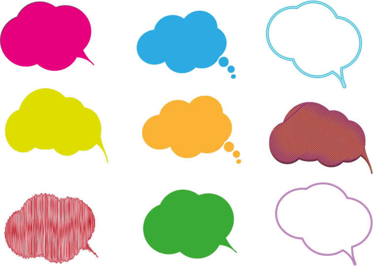 a bunch of colorful speech bubbles on a black background, inspired by Milton Glaser, istockphoto, volume clouds, contemplating, tanks