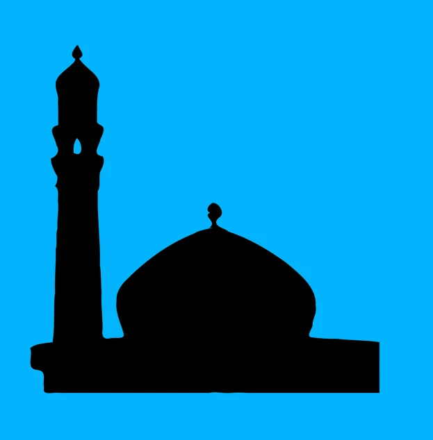 a silhouette of a mosque against a blue sky, inspired by Osman Hamdi Bey, reduced minimal illustration, blue and black scheme, with out shading, screw