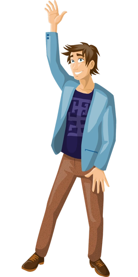 a man waving his hand in the air, digital art, inspired by Miyamoto, kawaii shirt and jeans, wikihow illustration, wearing a fancy jacket, very very low quality picture