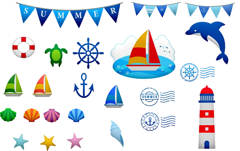 a bunch of different items on a black background, vector art, shutterstock, computer art, sailing boats, summertime, blue colored, flags