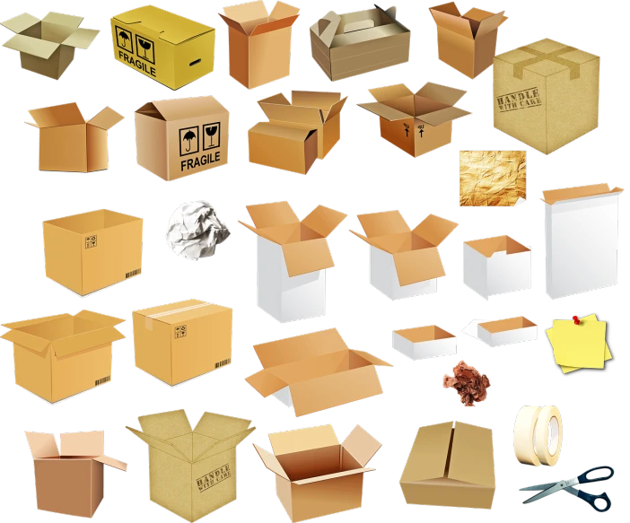 a collection of cardboard boxes on a black background, vector art, deviantart, abcdefghijklmnopqrstuvwxyz, various artists, medical supplies, vector design