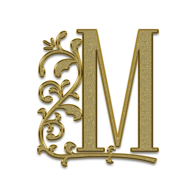 a gold letter m on a black background, a digital rendering, art nouveau, medieval manuscript, close portrait, trim, mansion