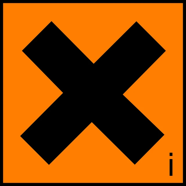 an orange sign with a black x on it, a stock photo, inspired by Josse Lieferinxe, de stijl, inspect in inventory image, squared border, excrement, identity