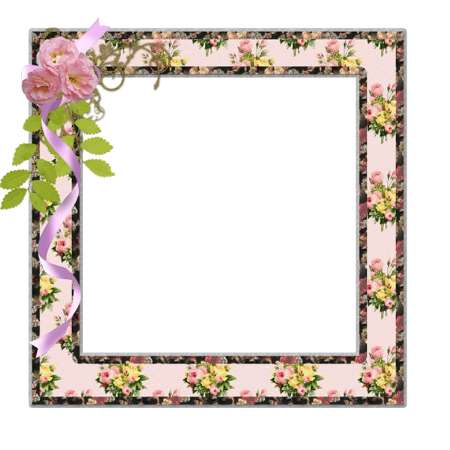 a picture frame with a pink rose on it, inspired by Cindy Wright, flickr, ribbons and flowers, black border: 0.75, square pictureframes, flowers and gold