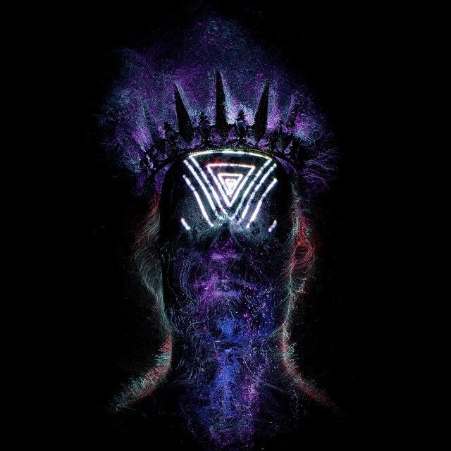 a close up of a person with a crown on their head, cyberpunk art, inspired by Mike Winkelmann, inverse dark glowing power aura, futuristic style spiderman, electric aura with particles, ultraviolet