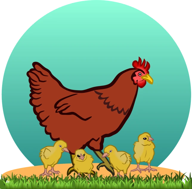 a hen and her chicks walking in the grass, an illustration of, by Robert Childress, shutterstock contest winner, nighttime!!, cartoon style illustration, round, high detail illustration
