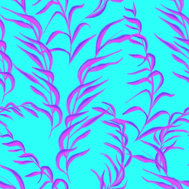 a pattern of leaves on a blue background, a digital painting, tumblr, generative art, in the colors hot pink and cyan, fur simulation, worms intricated, no gradients