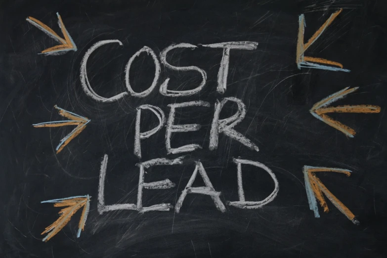 a chalk board with the words cost per lead written on it, by Matt Cavotta, pixabay, blurred detail, paper cutout, cult leader, terrazzo