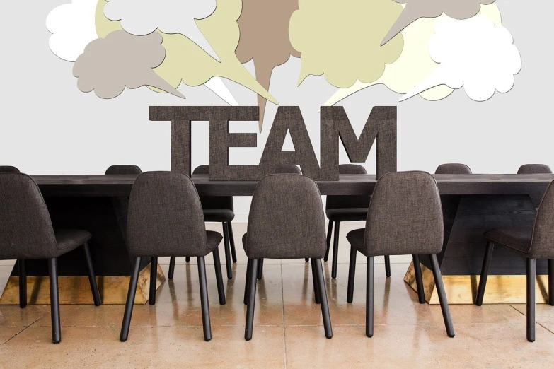 a group of chairs sitting in front of a table, a picture, shutterstock, conceptual art, tactical team in hell, word, billowing steam and smoke, cutout