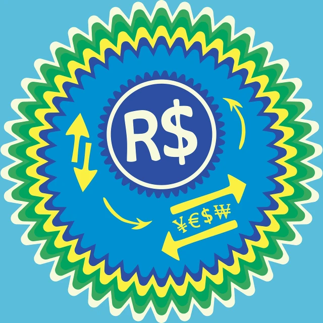 a circular sticker with a dollar sign on it, a digital rendering, by Tom Scott RSA, reddit, regionalism, brazilian, blue and yellow color scheme, raphael style, transforming