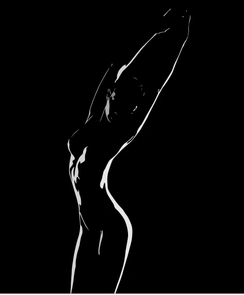 a black and white photo of a nude woman, a raytraced image, figuration libre, beautiful female body silhouette, black oled background, lineart behance hd, pose(arms up + happy)