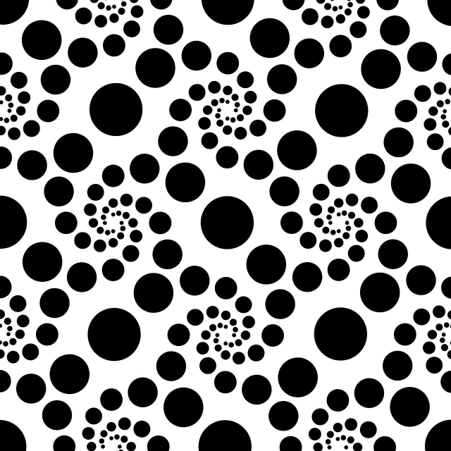 a black and white pattern of circles and dots, inspired by Yahoo Kusama, pixabay, optical illusion, twisted shapes, seamless pattern design, textile print, solid colour background”