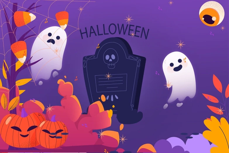 a group of ghosts standing next to a tombstone, a cartoon, by Gawen Hamilton, shutterstock, background image, purple color-theme, poster illustration, simple and clean illustration