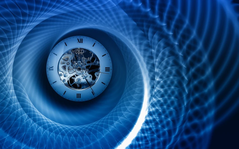 a close up of a clock on a blue background, a digital rendering, inspired by James Thomas Watts, interstellar vortex through time, tunnels lead to different worlds, fractals!! water, white biomechanical